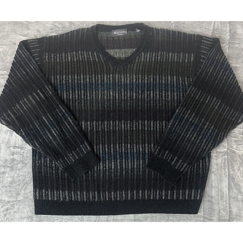 VTG Brandini Wool Blend Textured 3D Knit Sweater Mens XL Black Blue Chenille